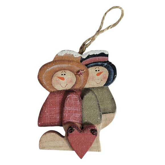 Snowman Couple Wood Ornament Smiling Rustic Farmhouse Folk Art Vintage READ - Picture 1 of 8